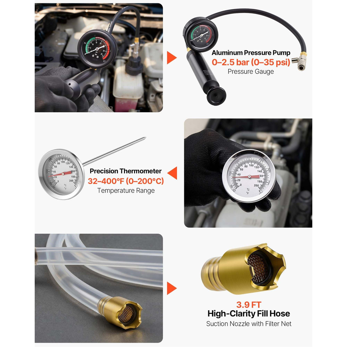 Coolant Pressure Tester Kit, 28Pcs Radiator Vacuum Refill Kit with 4 Adapters, Universal Fit, Automotive Cooling System Pressure Tester Kit, with Pressure Pump & Aluminum Alloy Purge Filler