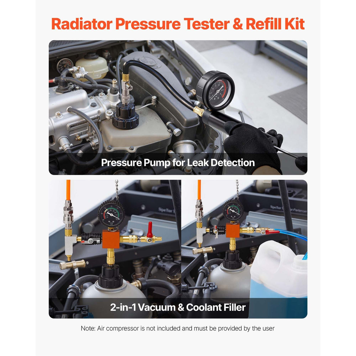 Coolant Pressure Tester Kit, 28Pcs Radiator Vacuum Refill Kit with 4 Adapters, Universal Fit, Automotive Cooling System Pressure Tester Kit, with Pressure Pump & Aluminum Alloy Purge Filler
