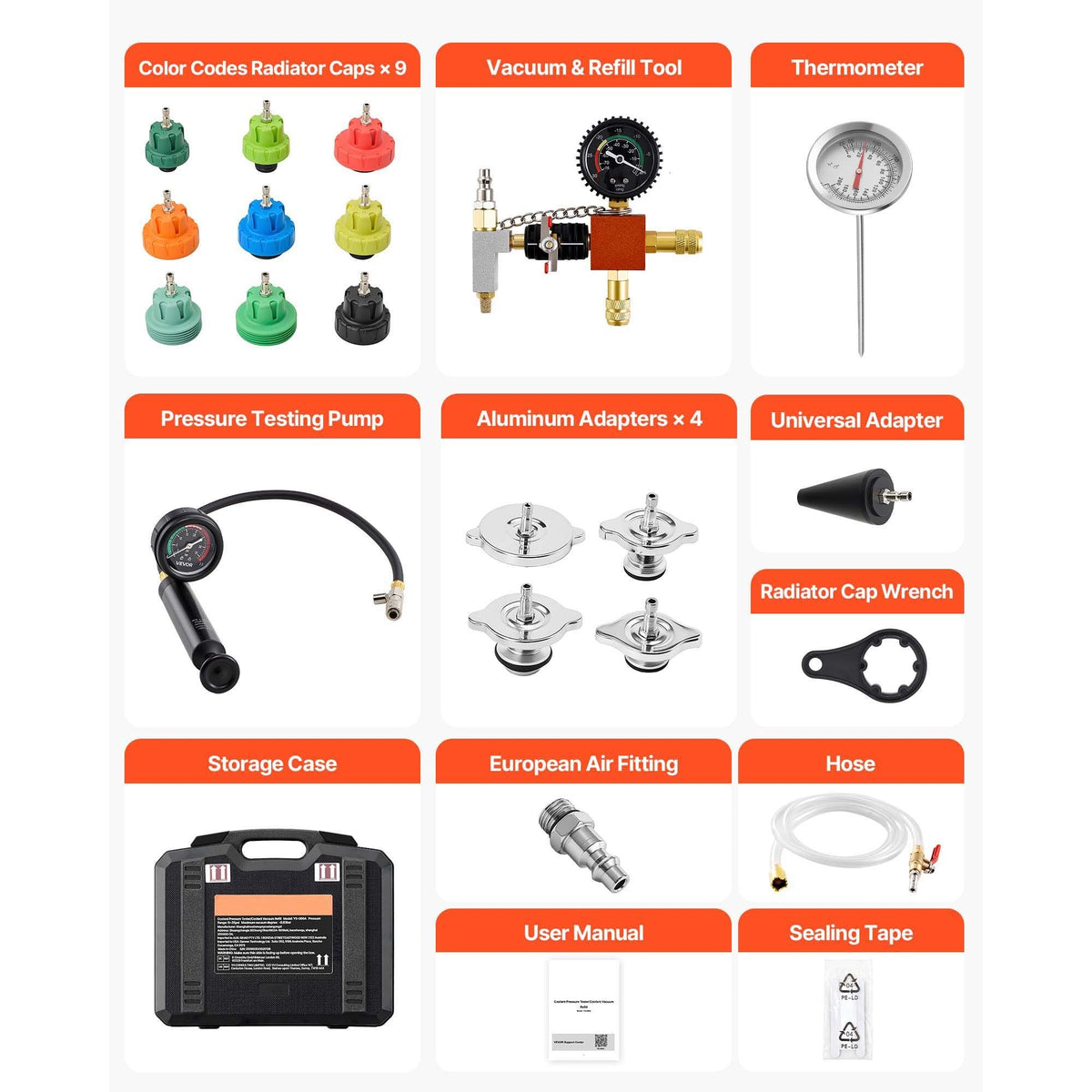 Coolant Pressure Tester Kit, 28Pcs Radiator Vacuum Refill Kit with 4 Adapters, Universal Fit, Automotive Cooling System Pressure Tester Kit, with Pressure Pump & Aluminum Alloy Purge Filler