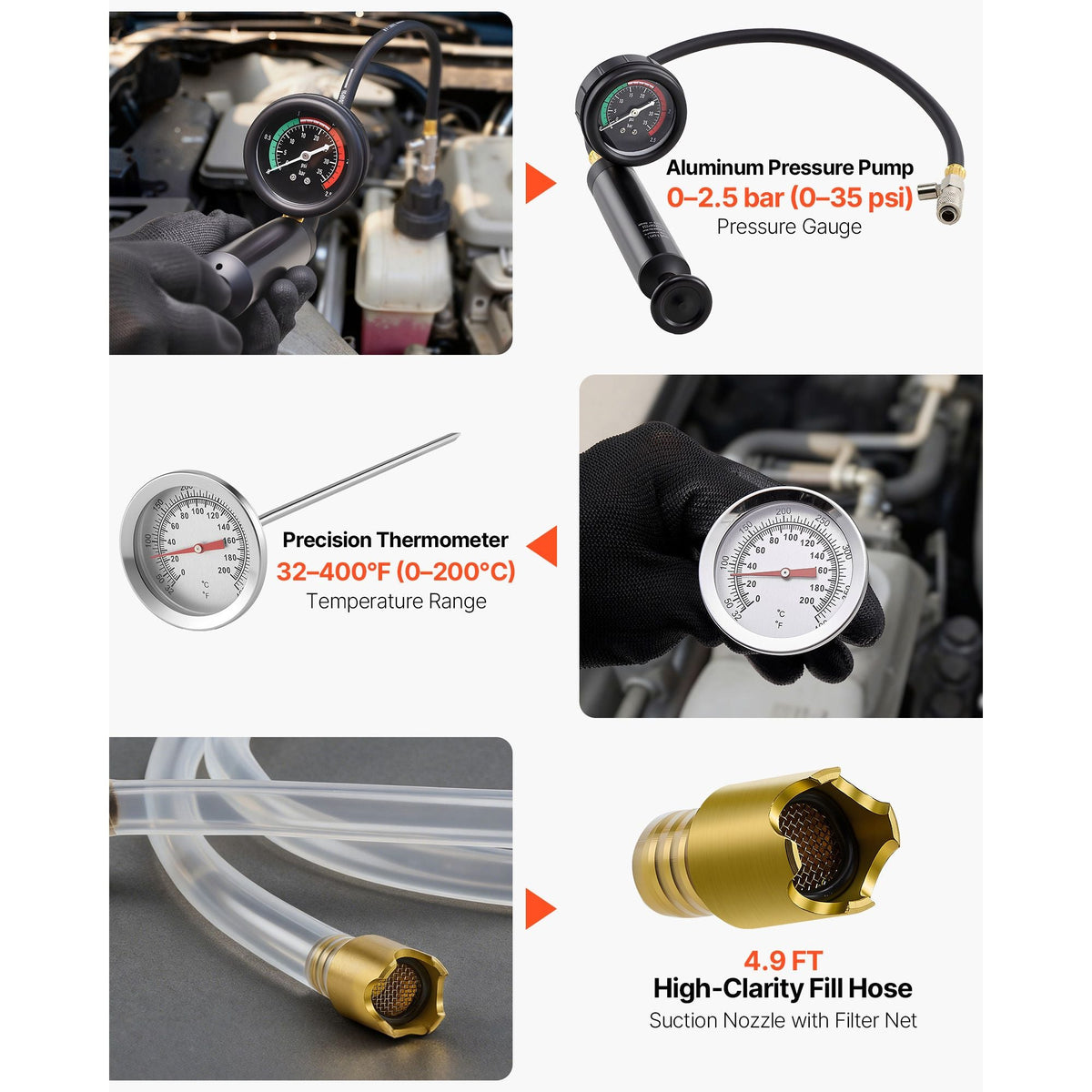 Coolant Pressure Tester Kit, 47Pcs Radiator Vacuum Refill Kit with 3 Metal Adapters, Universal Fit, Automotive Cooling System Pressure Tester Tool, with Pressures Pump & Aluminum-Plastic Filler