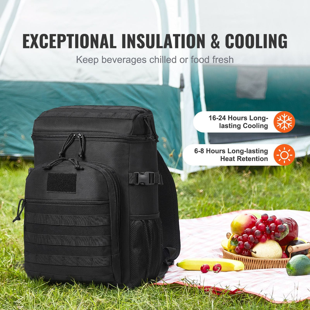 Cooler Bag, 25L Insulated Lunch Bag with Molle Design and Multi-pocket, 600D Cooler Lunch Box with Removable Storage Bags, Soft Cooler for Office, Picnic, Hiking, Beach or Beverage, Black