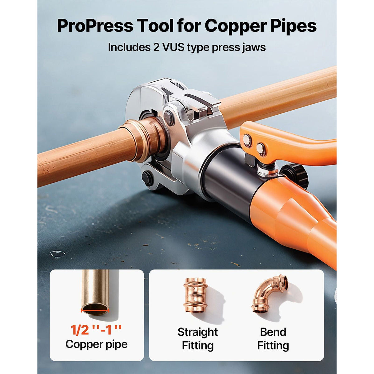 Copper Pipe Crimping Tool, Hydraulic Driven Pro Press Tool with 1/2", 3/4", 1" Jaws, Copper Tube Fittings Crimper for Narrow Spaces & Tee Fittings - with Pipe Cutter & Carrying Case