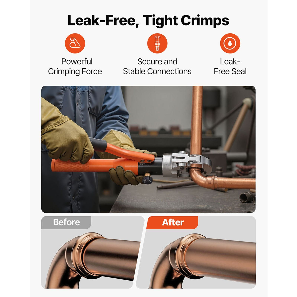 Copper Pipe Crimping Tool, Hydraulic Driven Pro Press Tool with 1/2", 3/4", 1" Jaws for Copper Tube & 3/8", 1/2", 5/8", 3/4", 1" Jaws for ASTM F1807 PEX Pipe Copper Ring - with Carrying Case