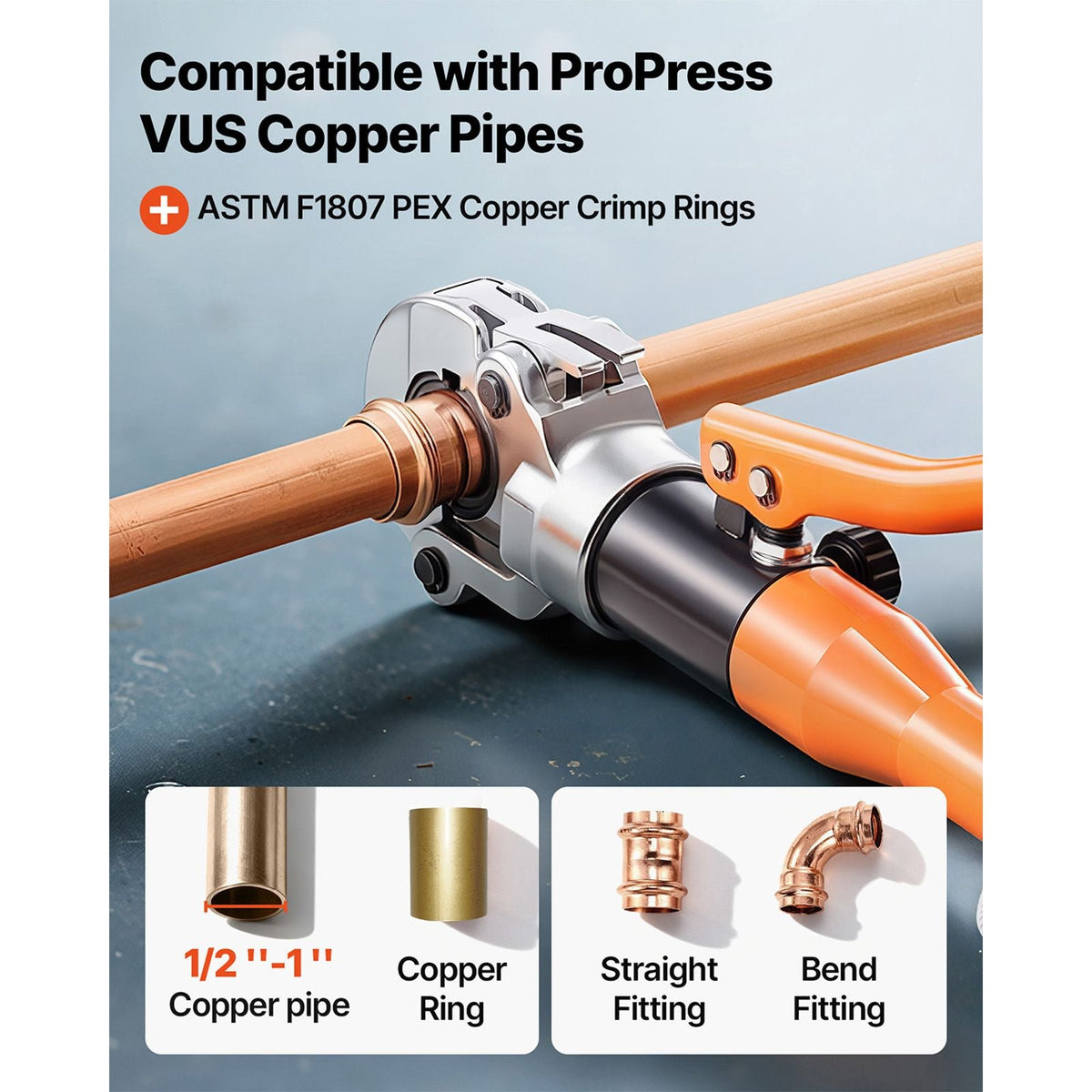 Copper Pipe Crimping Tool, Hydraulic Driven Pro Press Tool with 1/2", 3/4", 1" Jaws for Copper Tube & 3/8", 1/2", 5/8", 3/4", 1" Jaws for ASTM F1807 PEX Pipe Copper Ring - with Carrying Case