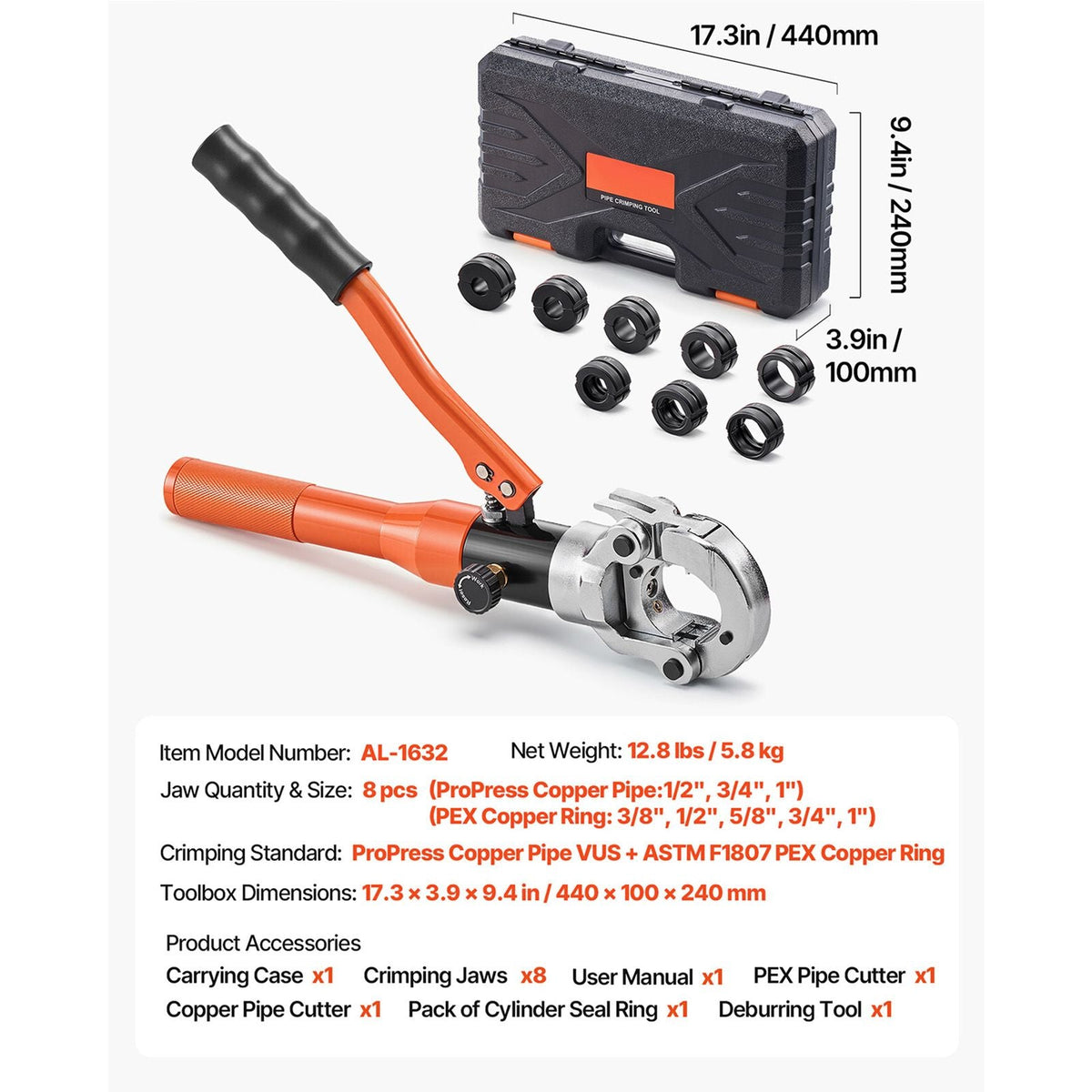 Copper Pipe Crimping Tool, Hydraulic Driven Pro Press Tool with 1/2", 3/4", 1" Jaws for Copper Tube & 3/8", 1/2", 5/8", 3/4", 1" Jaws for ASTM F1807 PEX Pipe Copper Ring - with Carrying Case