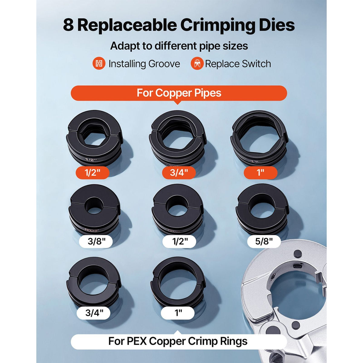 Copper Pipe Crimping Tool, Hydraulic Driven Pro Press Tool with 1/2", 3/4", 1" Jaws for Copper Tube & 3/8", 1/2", 5/8", 3/4", 1" Jaws for ASTM F1807 PEX Pipe Copper Ring - with Carrying Case
