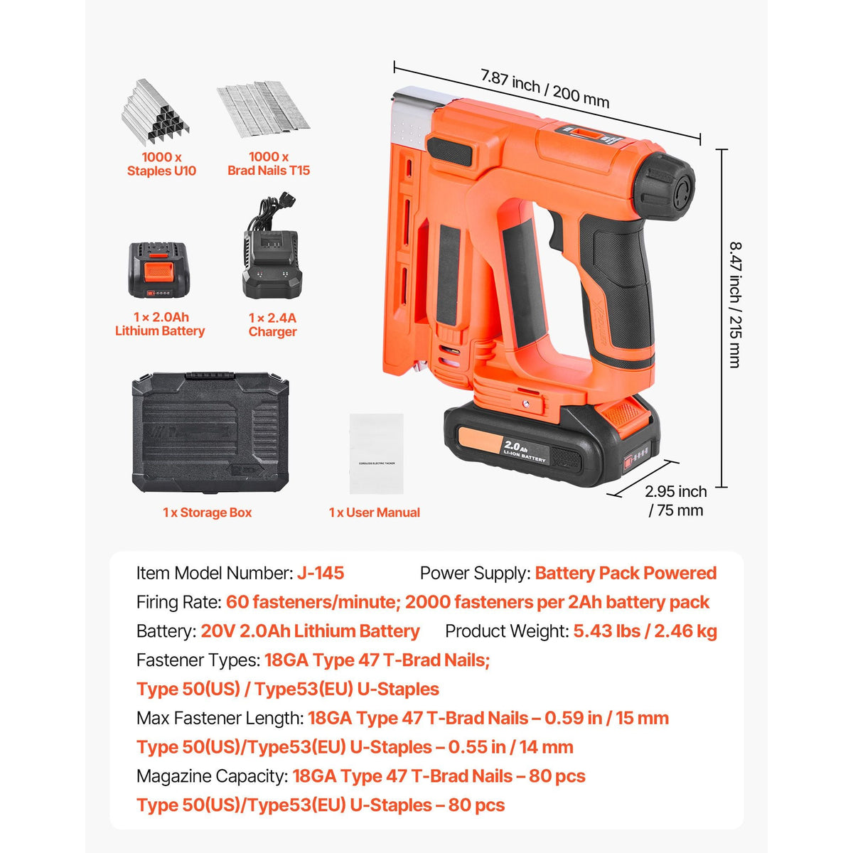 Cordless Brad Nailer, 2-in-1 Nail Gun Staple Gun, 18 Gauge 5/8 inch, Includes 1000 Pcs Staples and 1000 Pcs Nails, with Battery and Charger, Non-Slip Rubber Grip, for Woodworking DIY Projects