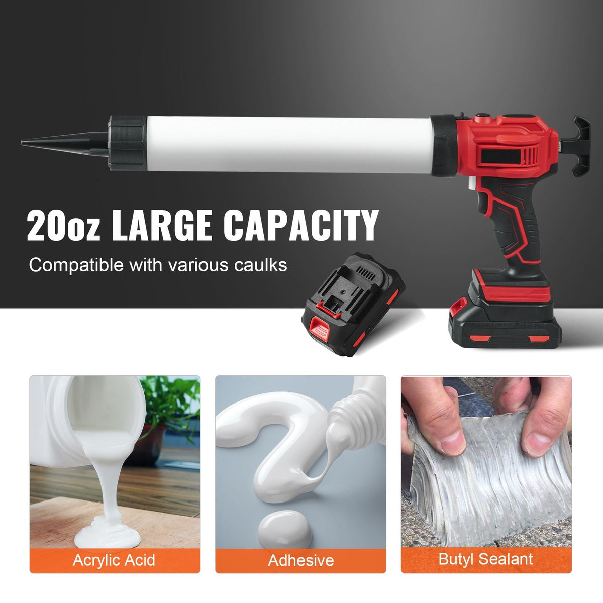 Cordless Caulking Gun 20oz/600ml, 20V Electric Sausage Caulking Gun with 4 Adjustable Speeds, Anti-Drip Battery Powered Caulk Gun & 2.0AH Battery, Fast Charger, LED Light for Filling, Sealing