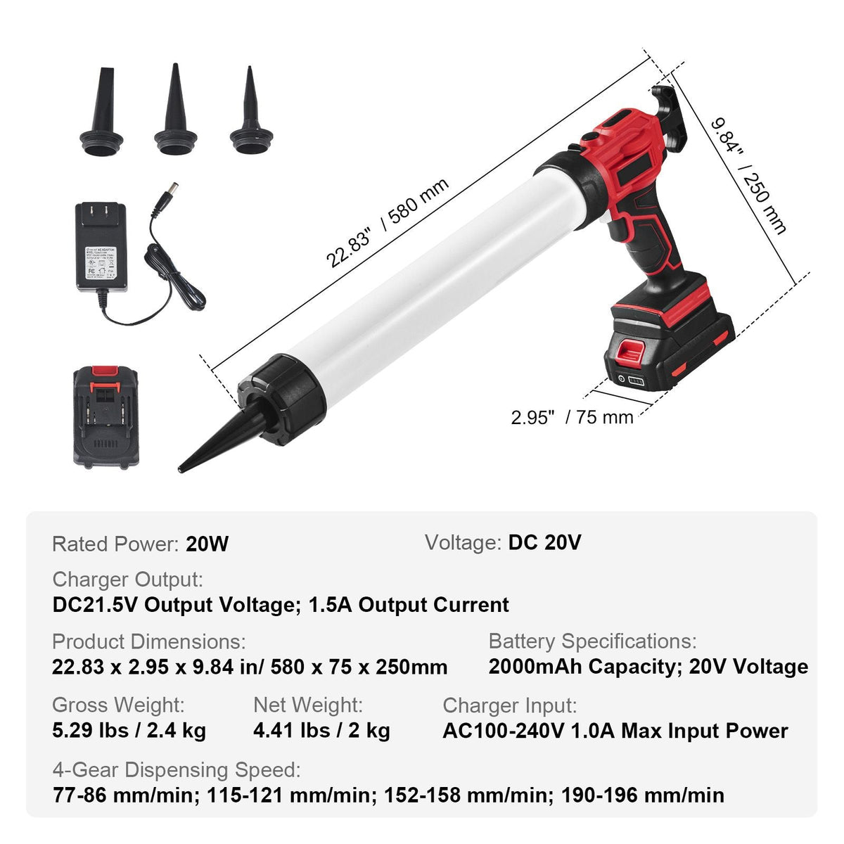 Cordless Caulking Gun 20oz/600ml, 20V Electric Sausage Caulking Gun with 4 Adjustable Speeds, Anti-Drip Battery Powered Caulk Gun & 2.0AH Battery, Fast Charger, LED Light for Filling, Sealing
