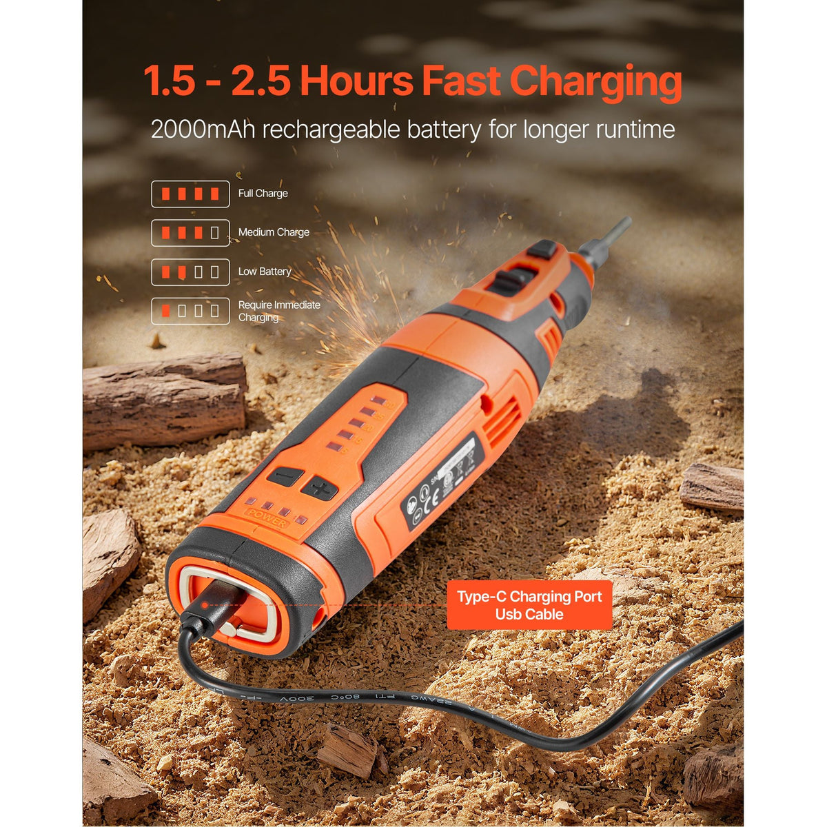 Cordless Chainsaw Sharpener, 5-Speed Adjustable Electric Saw Chain Sharpener 5000-30000 RPM, Rechargeable Handheld Chainsaw Sharpening Tool with 4 Sharpening Heads & Angle Guide Attachment