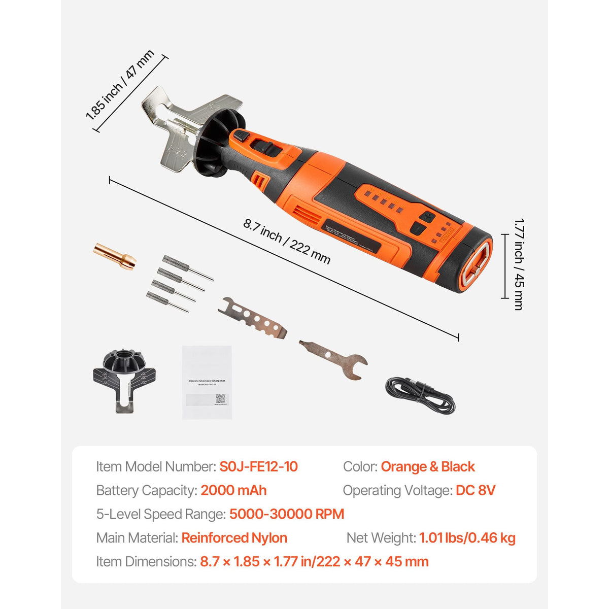 Cordless Chainsaw Sharpener, 5-Speed Adjustable Electric Saw Chain Sharpener 5000-30000 RPM, Rechargeable Handheld Chainsaw Sharpening Tool with 4 Sharpening Heads & Angle Guide Attachment