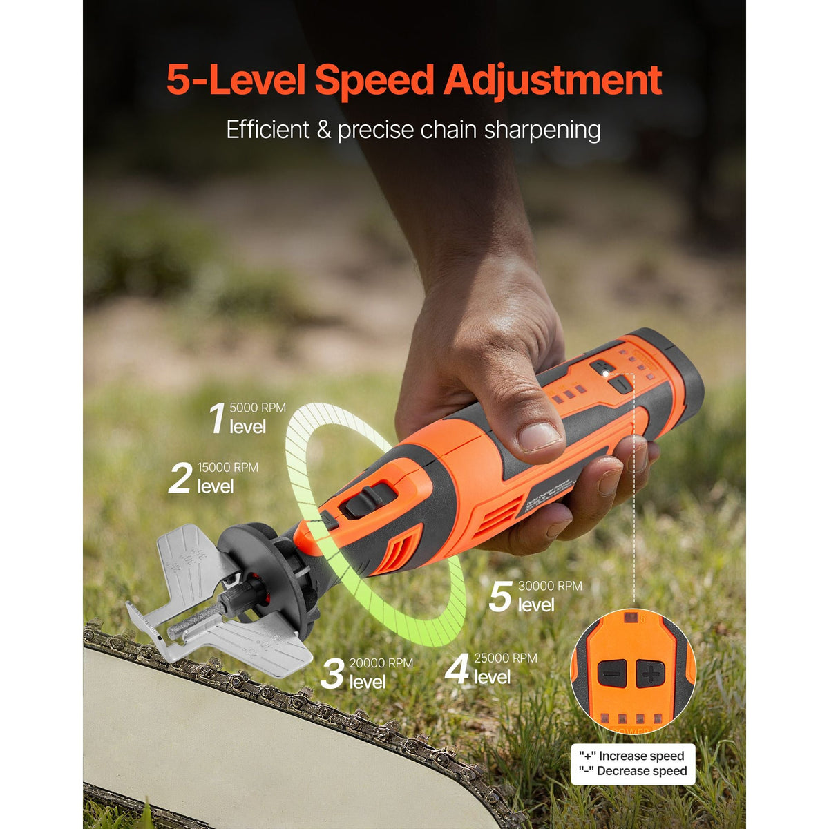 Cordless Chainsaw Sharpener, 5-Speed Adjustable Electric Saw Chain Sharpener 5000-30000 RPM, Rechargeable Handheld Chainsaw Sharpening Tool with 4 Sharpening Heads & Angle Guide Attachment