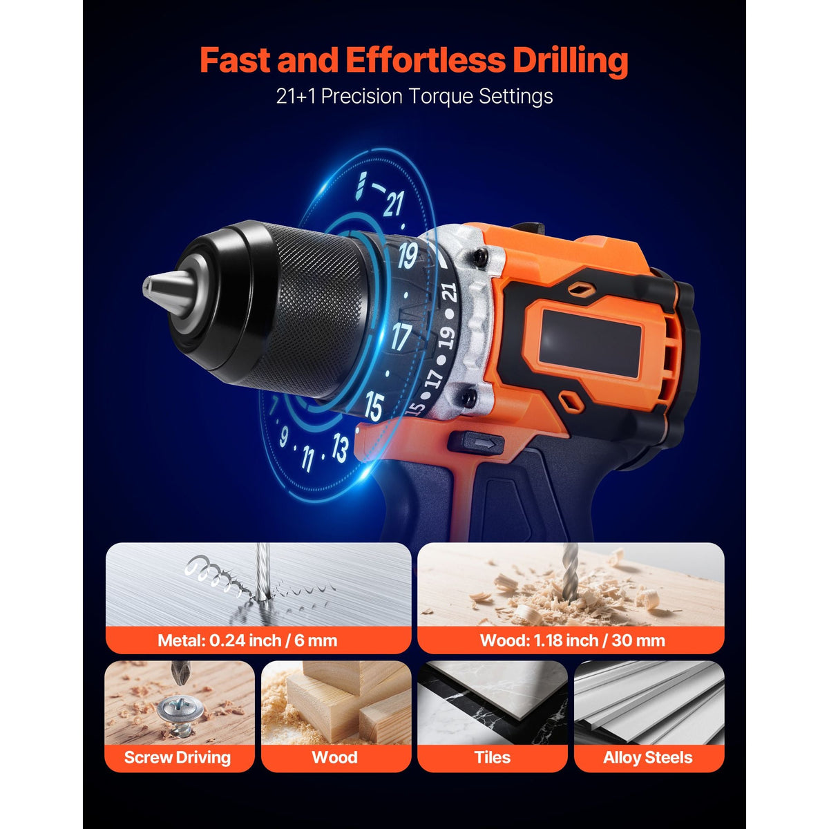 Cordless Drill Driver, 1/2 inch Metal Chuck, Brushless Motor, Dual-Speed Variable, Drill Driver Kit with Lithium Battery and Charger, Tool Box, for Wood and Metal Drilling, Screw Driving