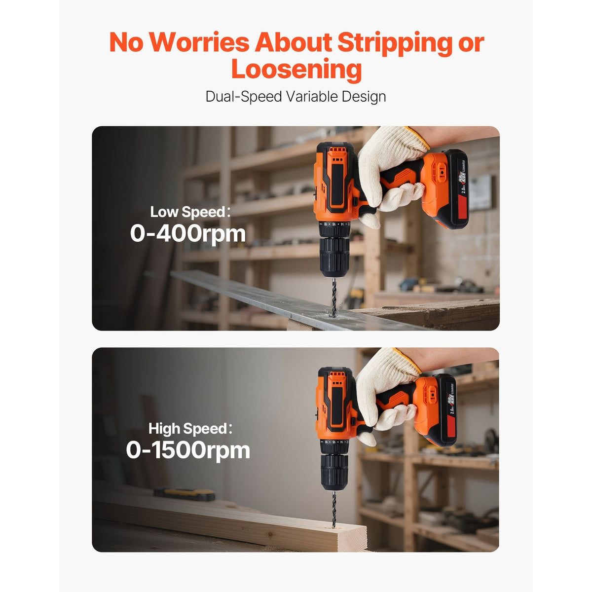 Cordless Drill Driver, 1/2 inch Metal Chuck, Dual-Speed Variable, Drill Driver Kit with Lithium Battery and Charger, Belt Clip, for Wood and Metal Drilling, Screw Tightening or Loosening