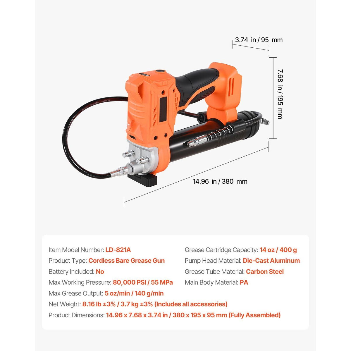 Cordless Grease Gun, 8000 PSI Max Pressure, Battery Operated Grease Gun with LED Light & 35.4-inch Long Hose, Compatible with 18V Makita Batteries, For Greasing Vehicles or Machines(Tool Only)