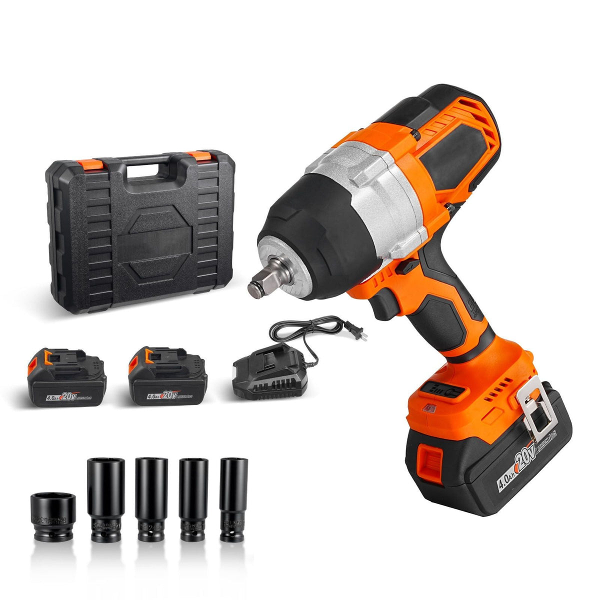 Cordless Impact Wrench, 958.8 ft-lbs / 1300 N·m High Torque, 1/2 inch, 20V Electric Impact Wrench with Brushless Motor, 2 x 4Ah Batteries, Charger, 5 Sockets and Belt Clip, for Car Tire Truck