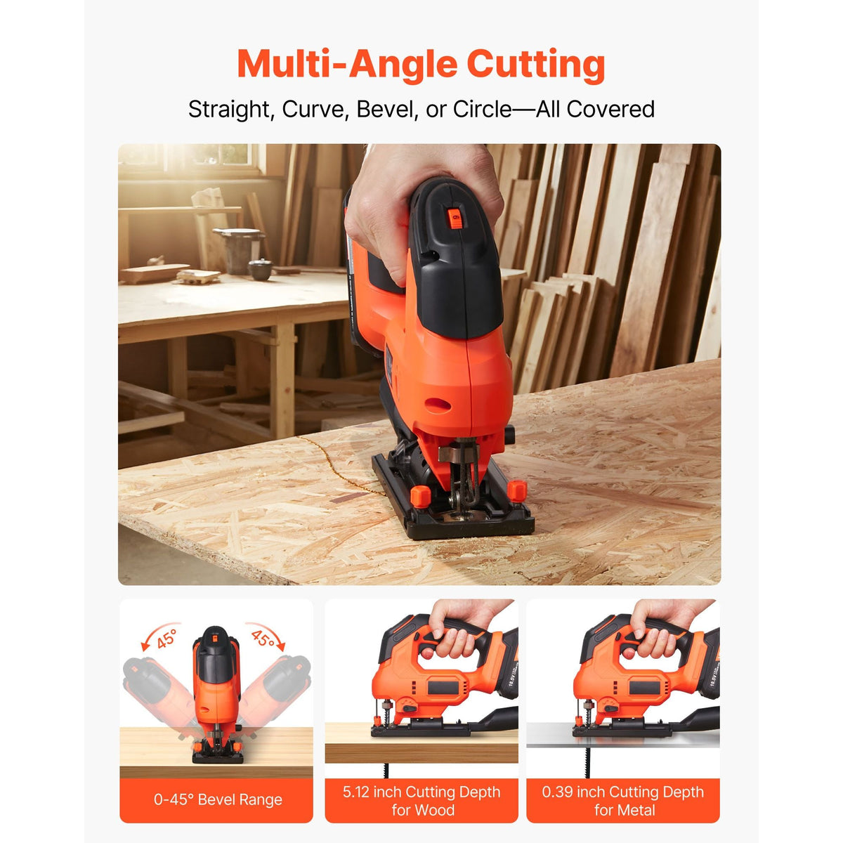 Cordless Jig Saw, 20 V, 3000 SPM Blade Speed, Cordless Jigsaw with Battery and Charger, LED Light, 6 Variable Speed, 0- 45° Bevel Cuts, with 6 pcs Blades, 4 Orbital Settings, for Wood, Metal