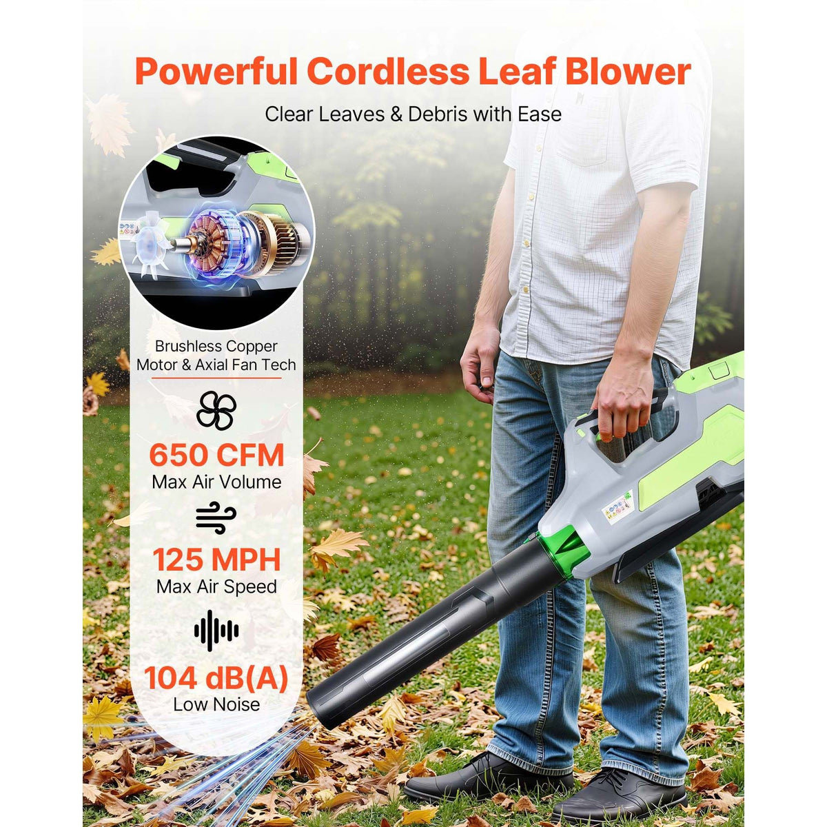 Cordless Leaf Blower, 60V Powerful Electric Leaf Blower with 5.0Ah Battery, Fast Charging & Quiet Operation, 3 Speed Control, 650 CFM/125 MPH Lightweight Powered Blowers for Leaves Lawn Care