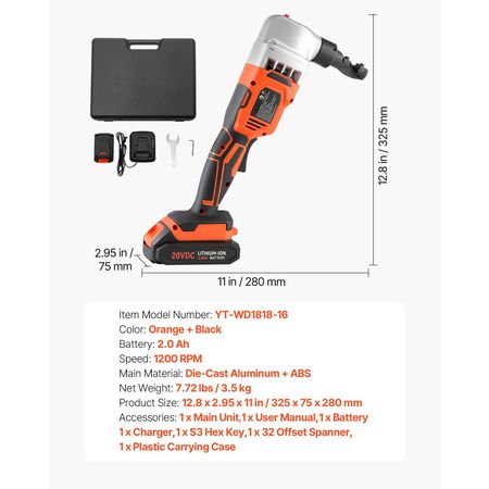 Cordless Metal Nibbler, with 18 V 2000 mAh Battery, 1200 RPM Brushless Motor, Electric Nibbler Metal Cutter with Plastic Carrying Case for Cutting Stainless Steel, Aluminum, and Copper Sheet