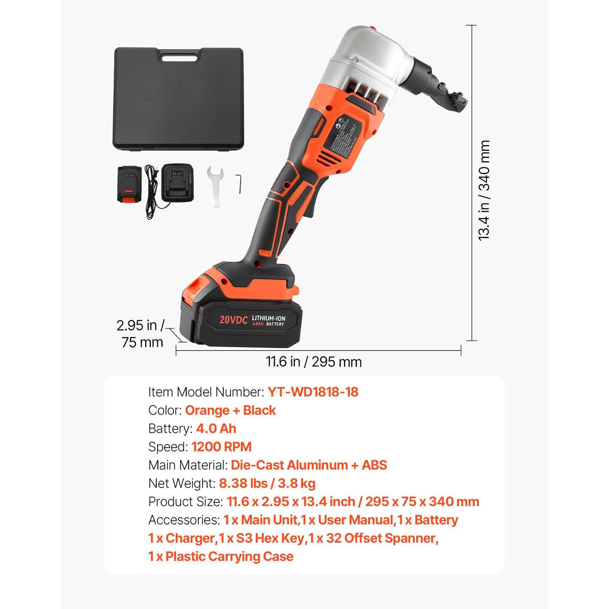 Cordless Metal Nibbler, with 18 V 4000 mAh Battery, 1200 RPM Brushless Motor, Electric Nibbler Metal Cutter with Plastic Carrying Case for Cutting Stainless Steel, Aluminum, and Copper Sheet