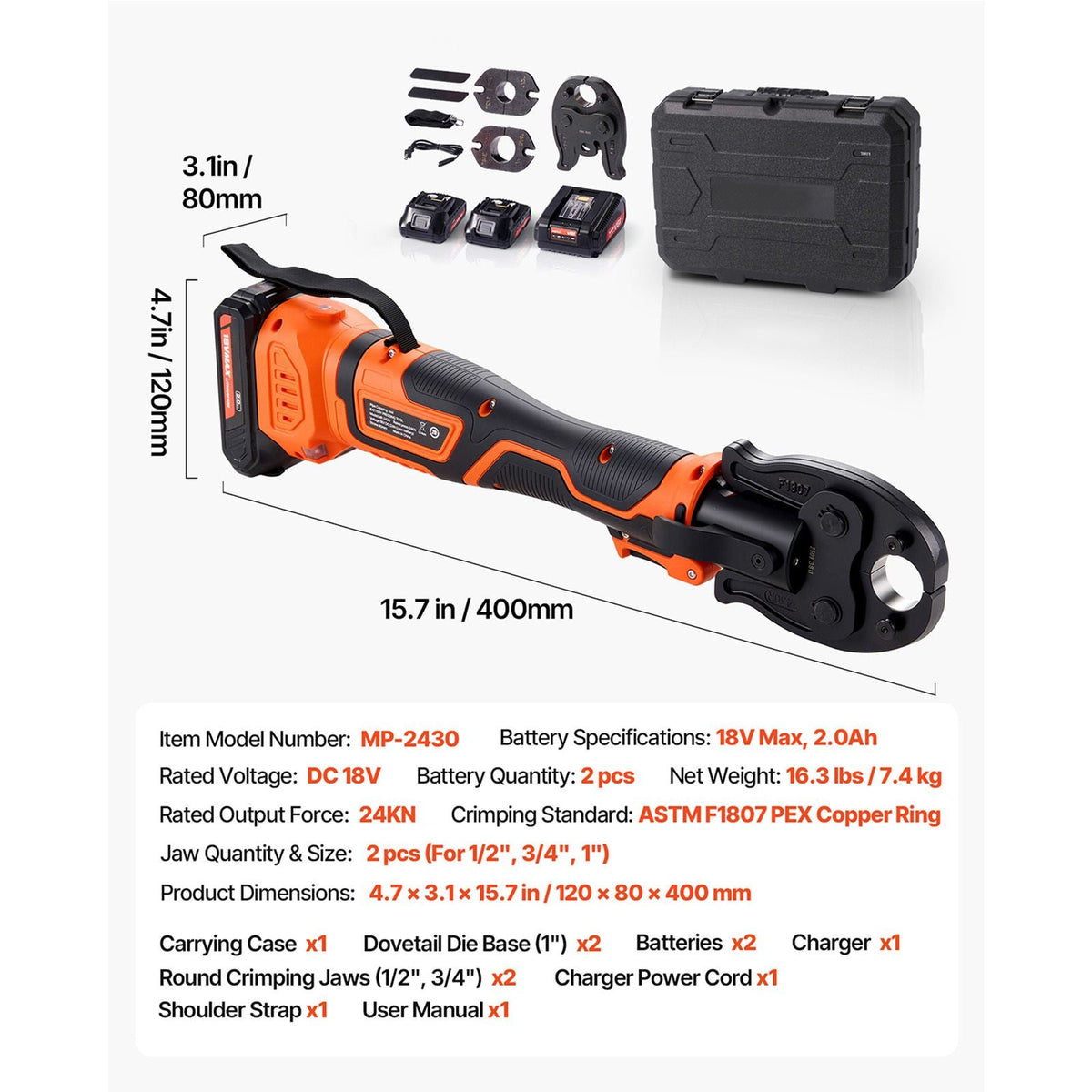 Cordless Mini Press Tool, 18V Electric Pipe Crimping Tool for 1/2", 3/4", 1" PEX Pipe Copper Rings, PEX Press Tool Kit with 2pcs Battery, Fast Charger & Carrying Case - Meet ASTM F1807 Standard