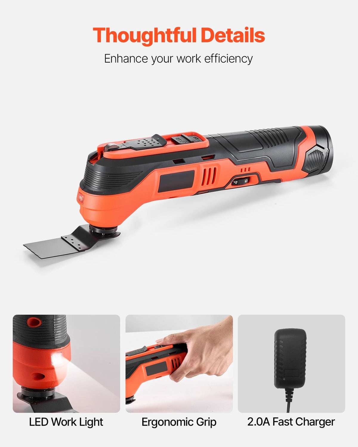 Cordless Oscillating Tool, 12V Multitool Oscillating Saw Tool with 6 Variable Speeds 6000 - 17500 OPM, 3.2° Oscillation Angle, 2.0Ah Battery Pack & Charger, 8PCS Saw Accessories & LED Work Light