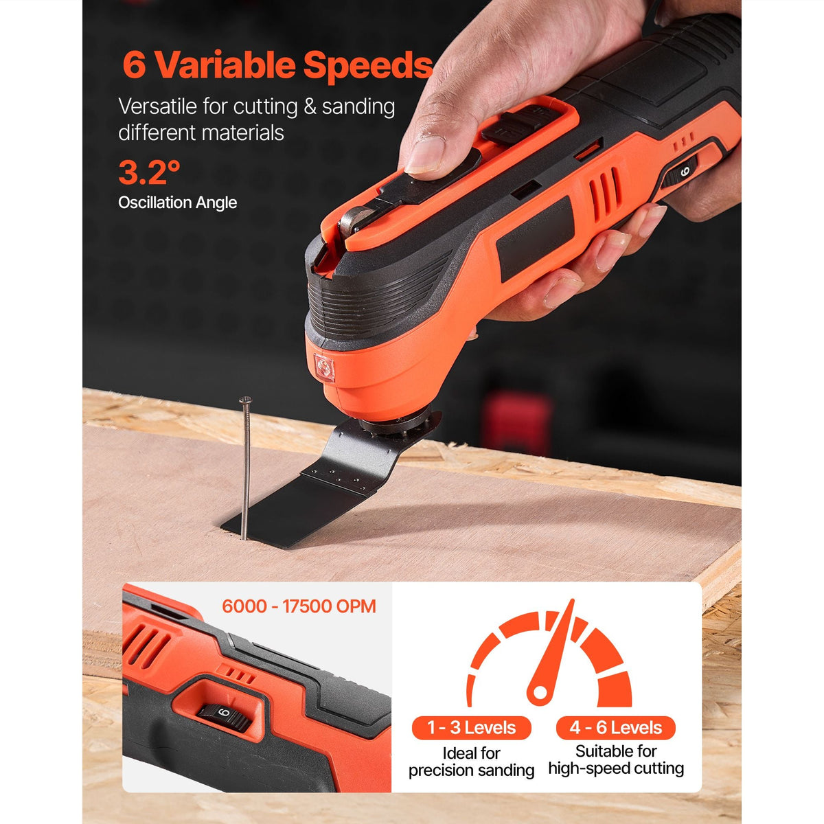 Cordless Oscillating Tool, 12V Multitool Oscillating Saw Tool with 6 Variable Speeds 6000 - 17500 OPM, 3.2° Oscillation Angle, 2.0Ah Battery Pack & Charger, 8PCS Saw Accessories & LED Work Light