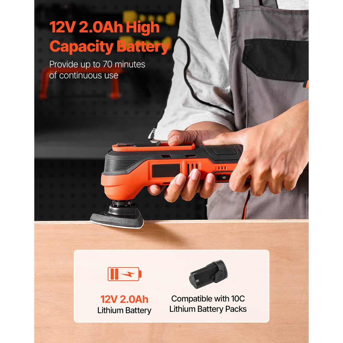 Cordless Oscillating Tool, 12V Multitool Oscillating Saw Tool with 6 Variable Speeds 6000 - 17500 OPM, 3.2° Oscillation Angle, 2.0Ah Battery Pack & Charger, 8PCS Saw Accessories & LED Work Light