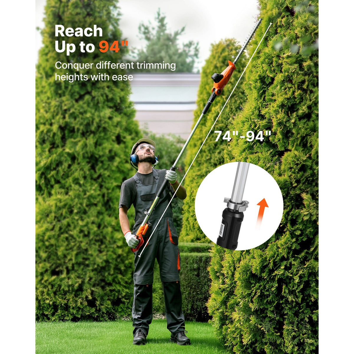 Cordless Pole Hedge Trimmer, 20V Electric Bush Trimmer Kit with 18 Inch Double-Edged Steel Blade, 74-94 Inches Telescoping Design for High Branches (2.0Ah Battery and Fast Charger Included)
