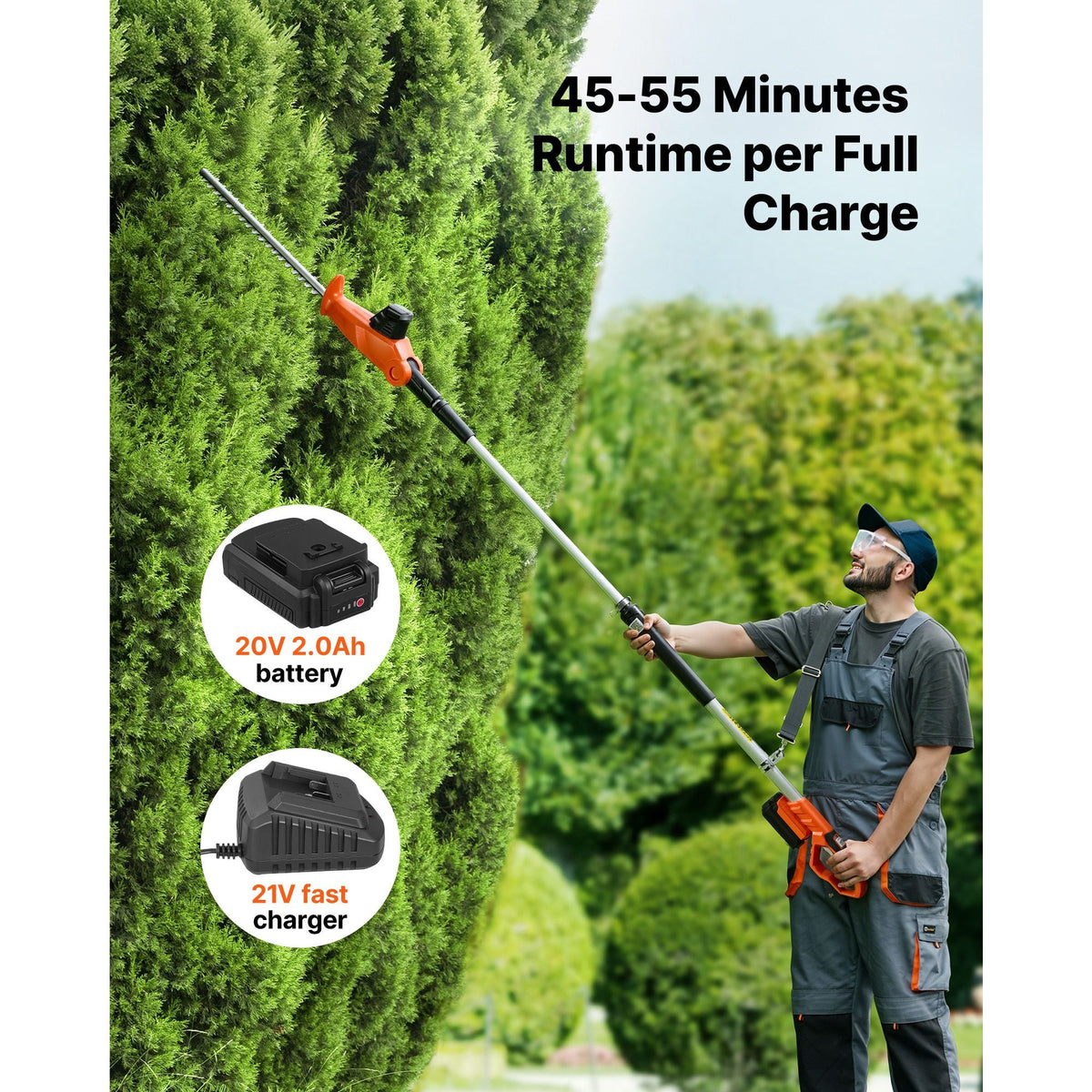 Cordless Pole Hedge Trimmer, 20V Electric Bush Trimmer Kit with 18 Inch Double-Edged Steel Blade, 74-94 Inches Telescoping Design for High Branches (2.0Ah Battery and Fast Charger Included)