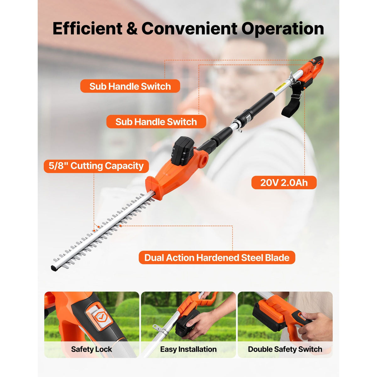 Cordless Pole Hedge Trimmer, 20V Electric Bush Trimmer Kit with 18 Inch Double-Edged Steel Blade, 74-94 Inches Telescoping Design for High Branches (2.0Ah Battery and Fast Charger Included)