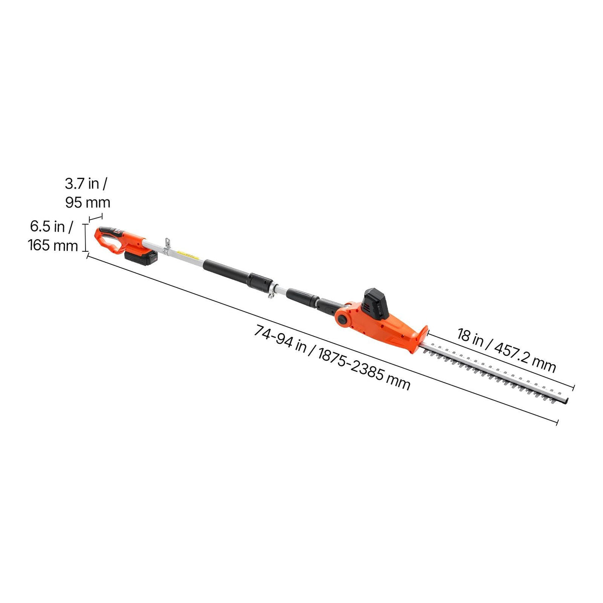 Cordless Pole Hedge Trimmer, 20V Electric Bush Trimmer Kit with 18 Inch Double-Edged Steel Blade, 74-94 Inches Telescoping Design for High Branches (2.0Ah Battery and Fast Charger Included)