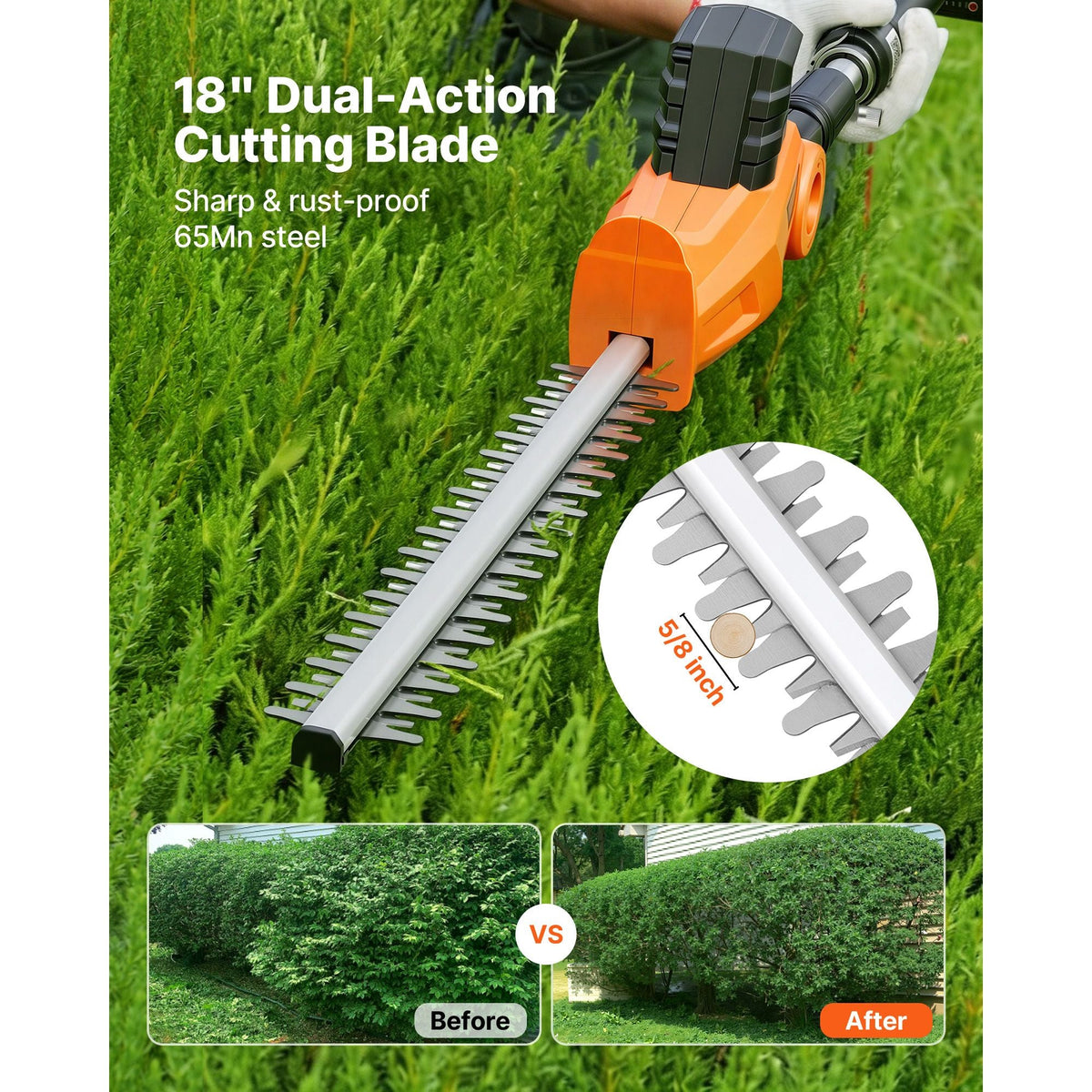 Cordless Pole Hedge Trimmer, 20V Electric Bush Trimmer Kit with 18 Inch Double-Edged Steel Blade, 74-94 Inches Telescoping Design for High Branches (2.0Ah Battery and Fast Charger Included)