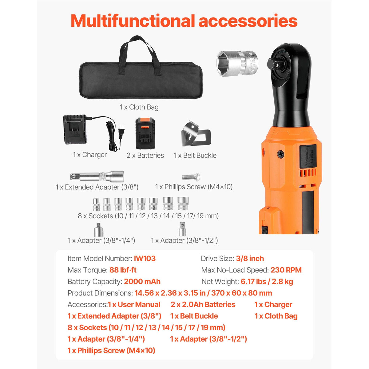 Cordless Ratchet Wrench, 3/8 inch Drive, 230 RPM, up to 88 ft-lbs of Torque, Battery Powered Electric Ratchet Wrench Set with Two 2.0Ah Batteries, Charger, Sockets, Adaptors and Cloth Bag