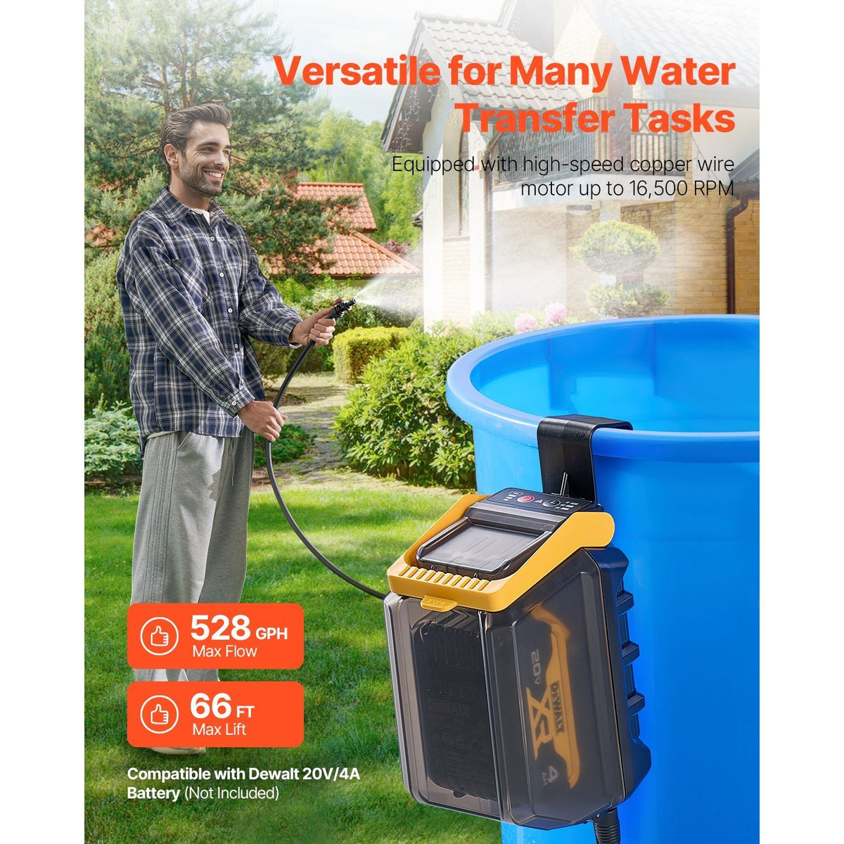 Cordless Submersible Water Transfer Pump, 528GPH, Portable Sump Pump with G3/4" Garden Hose, Compatible with Dewalt 20V MAX Battery (No Battery), Electric Utility Pump for Pool, Garden, Pond