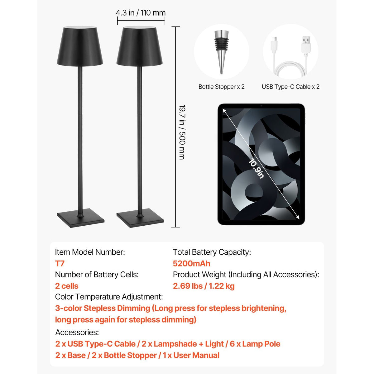 Cordless Table Lamp, 2-Pack, 5200mAh Built-in Rechargeable Battery Desk Lamp, Stepless Dimming Up, 3 Adjustable Heights, Detachable Lampshade for Bottle, Restaurant, Bedroom, Outdoor, Black