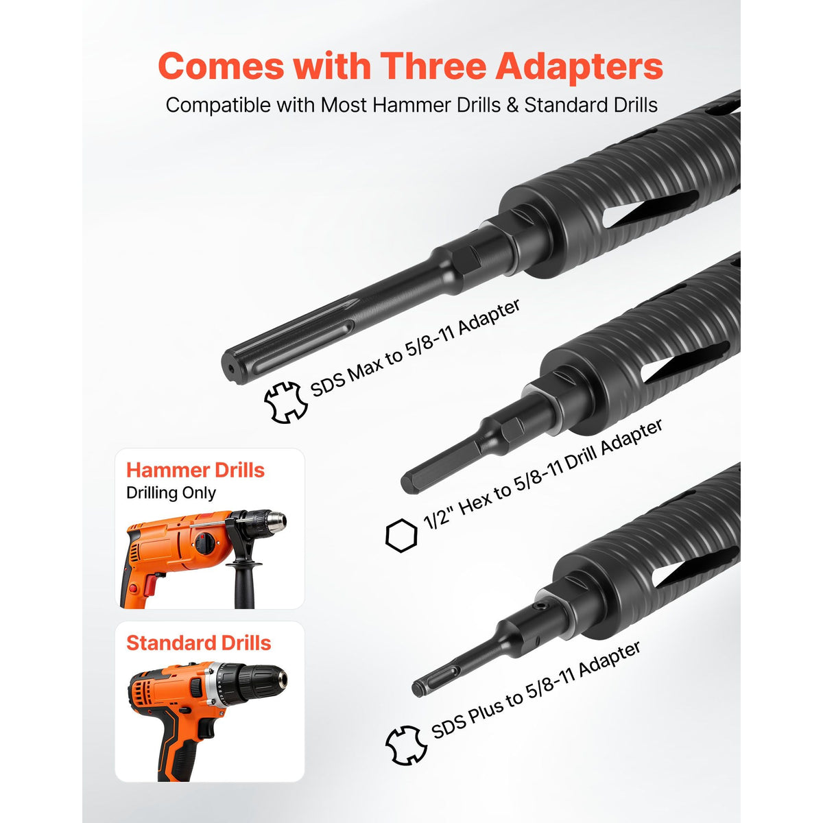 Core Drill Bit, 2 inch Diameter, 9-1/2 inch Drilling Depth, 5/8-11 Internal Thread, Diamond Dry Coring Bit with 3 Adapters, Pilot Drill and Hex Wrench, for Concrete, Red Bricks, and Masonry