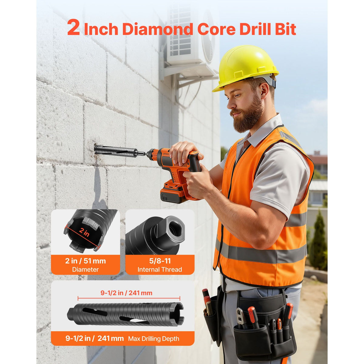 Core Drill Bit, 2 inch Diameter, 9-1/2 inch Drilling Depth, 5/8-11 Internal Thread, Diamond Dry Coring Bit with 3 Adapters, Pilot Drill and Hex Wrench, for Concrete, Red Bricks, and Masonry