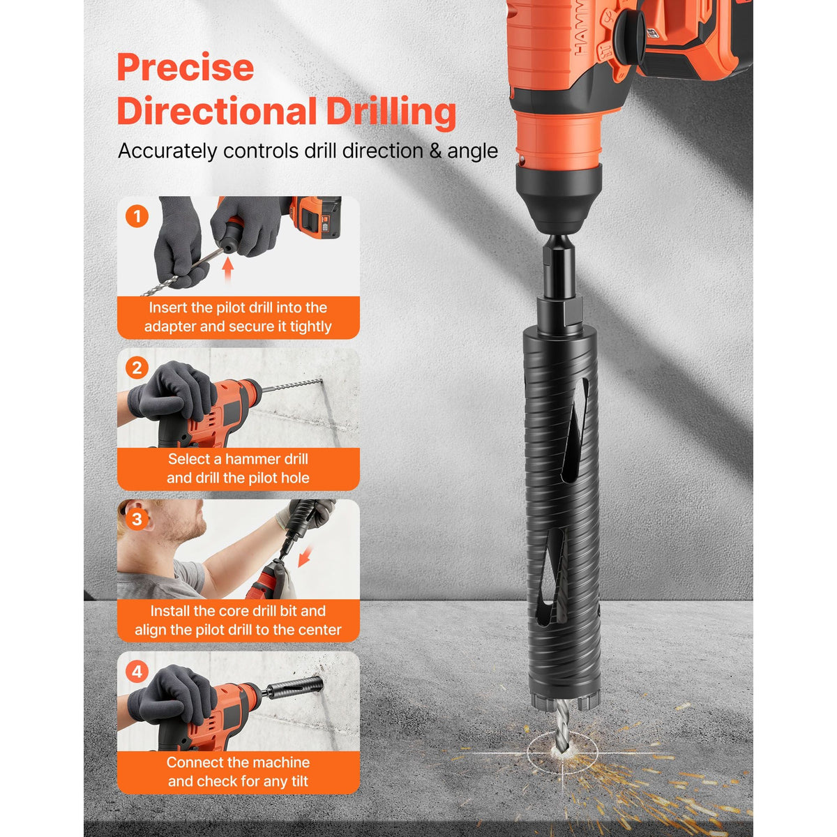Core Drill Bit, 2 inch Diameter, 9-1/2 inch Drilling Depth, 5/8-11 Internal Thread, Diamond Dry Coring Bit with 3 Adapters, Pilot Drill and Hex Wrench, for Concrete, Red Bricks, and Masonry
