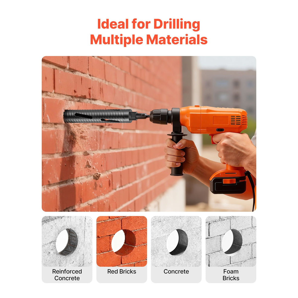 Core Drill Bit, 2 inch Diameter, 9-1/2 inch Drilling Depth, 5/8-11 Internal Thread, Diamond Dry Coring Bit with 3 Adapters, Pilot Drill and Hex Wrench, for Concrete, Red Bricks, and Masonry