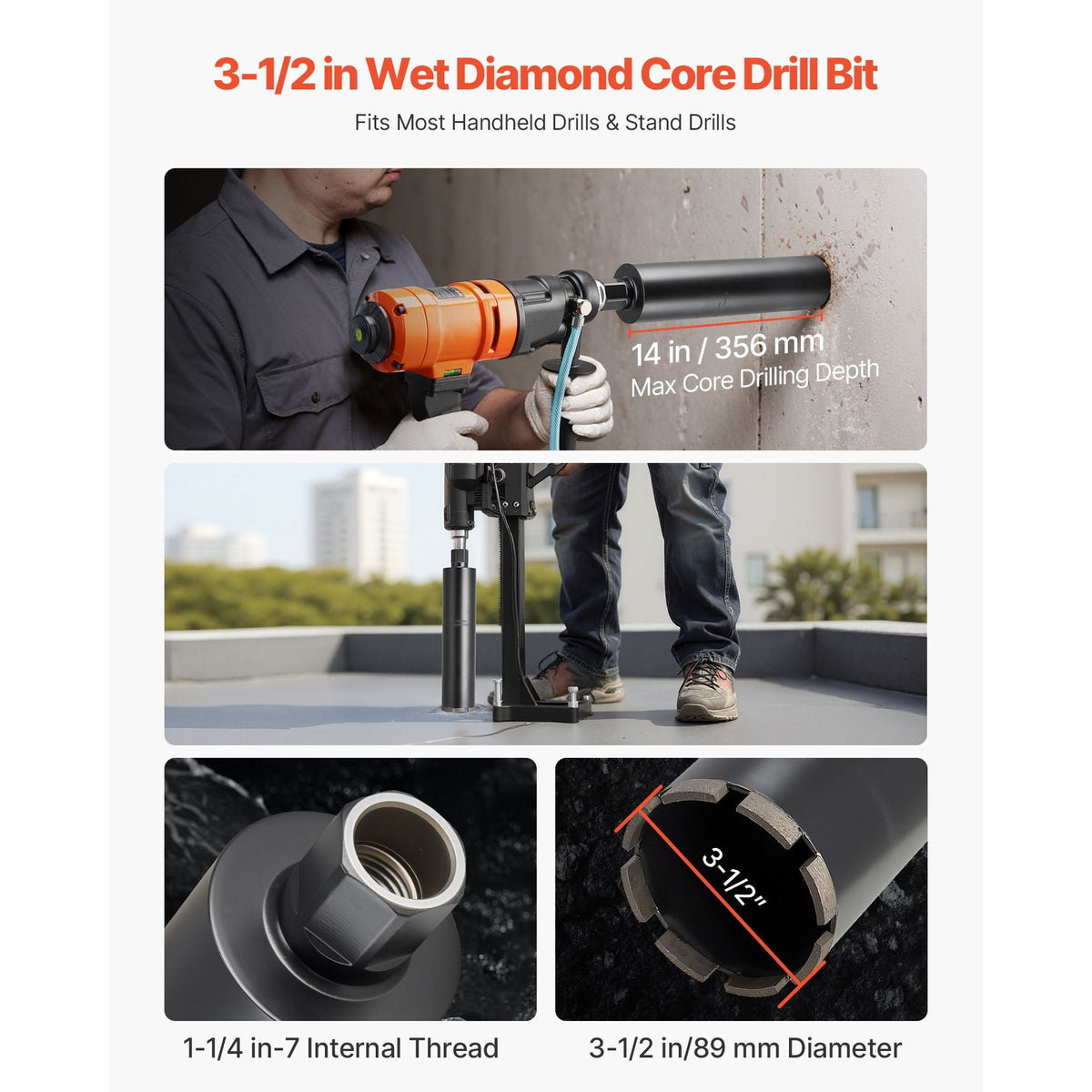 Core Drill Bit, 3-1/2 inch Diameter, 14 inch Drilling Depth, 1-1/4 in-7 Internal Thread, High-Precision Welding Technology, Wet Diamond Core Bit for Reinforced Concrete, Bricks, and Masonry