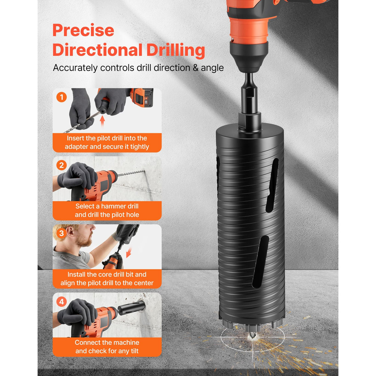 Core Drill Bit, 3-1/2 inch Diameter, 9-1/2 inch Drilling Depth, 5/8-11 Internal Thread, Diamond Dry Coring Bit with 3 Adapters, Pilot Drill and Hex Wrench, for Concrete, Red Bricks, and Masonry