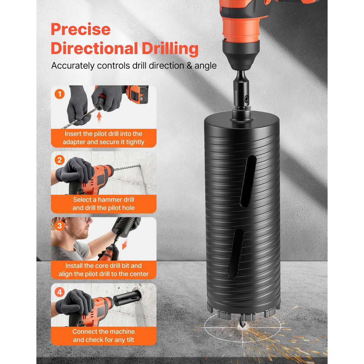 Core Drill Bit, 4-1/4 inch Diameter, 9-1/2 inch Drilling Depth, 5/8-11 Internal Thread, Diamond Dry Coring Bit with 3 Adapters, Pilot Drill and Hex Wrench, for Concrete, Red Bricks, and Masonry