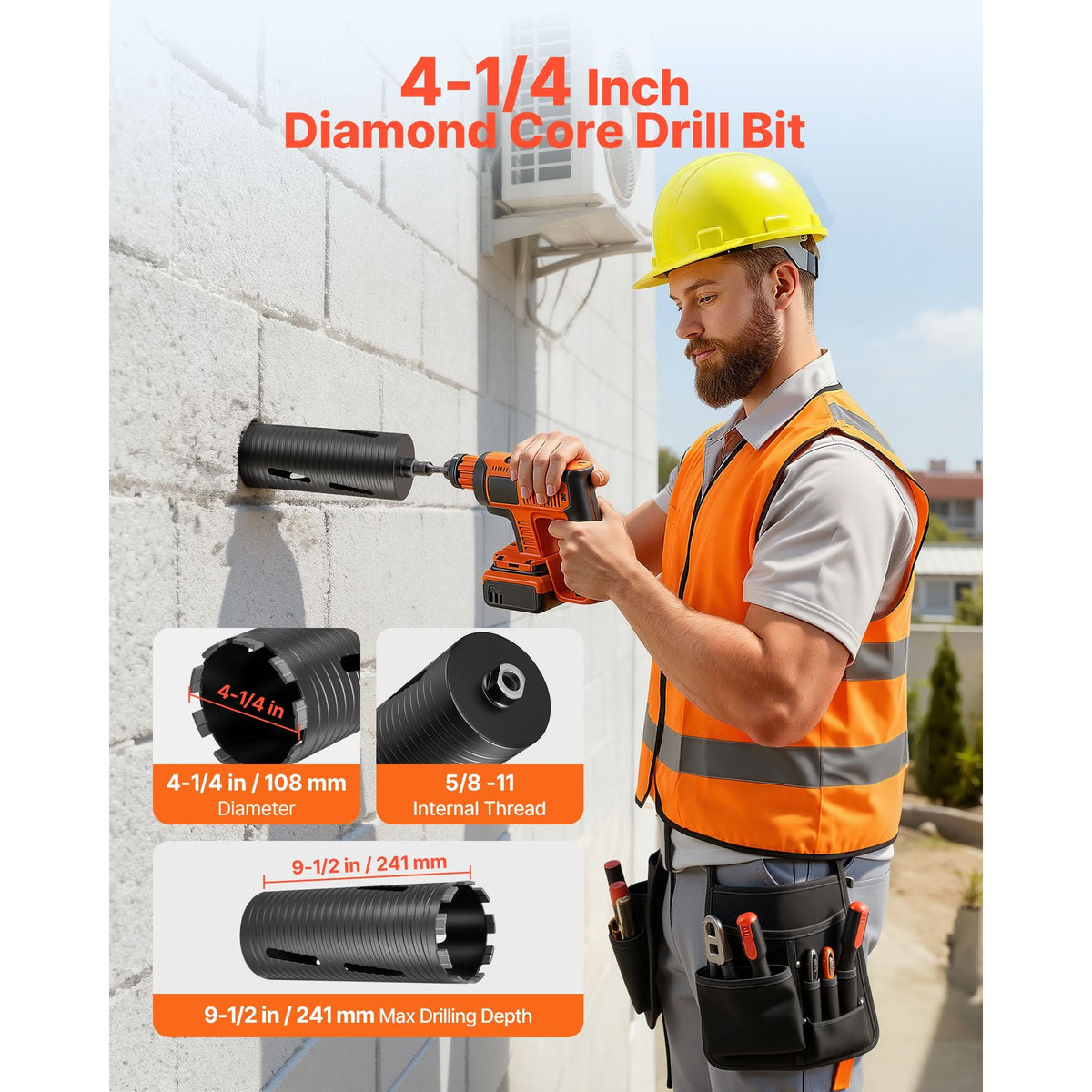 Core Drill Bit, 4-1/4 inch Diameter, 9-1/2 inch Drilling Depth, 5/8-11 Internal Thread, Diamond Dry Coring Bit with 3 Adapters, Pilot Drill and Hex Wrench, for Concrete, Red Bricks, and Masonry