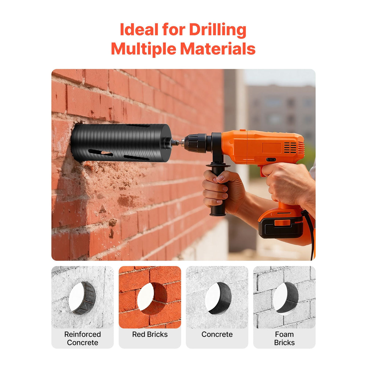 Core Drill Bit, 4-1/4 inch Diameter, 9-1/2 inch Drilling Depth, 5/8-11 Internal Thread, Diamond Dry Coring Bit with 3 Adapters, Pilot Drill and Hex Wrench, for Concrete, Red Bricks, and Masonry