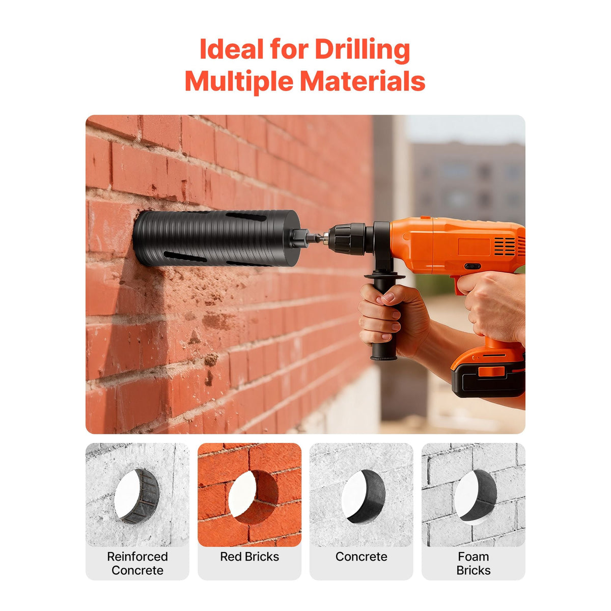 Core Drill Bit, 4 inch Diameter, 9-1/2 inch Drilling Depth, 5/8-11 Internal Thread, Diamond Dry Coring Bit with 3 Adapters, Pilot Drill and Hex Wrench, for Concrete, Red Bricks, and Masonry