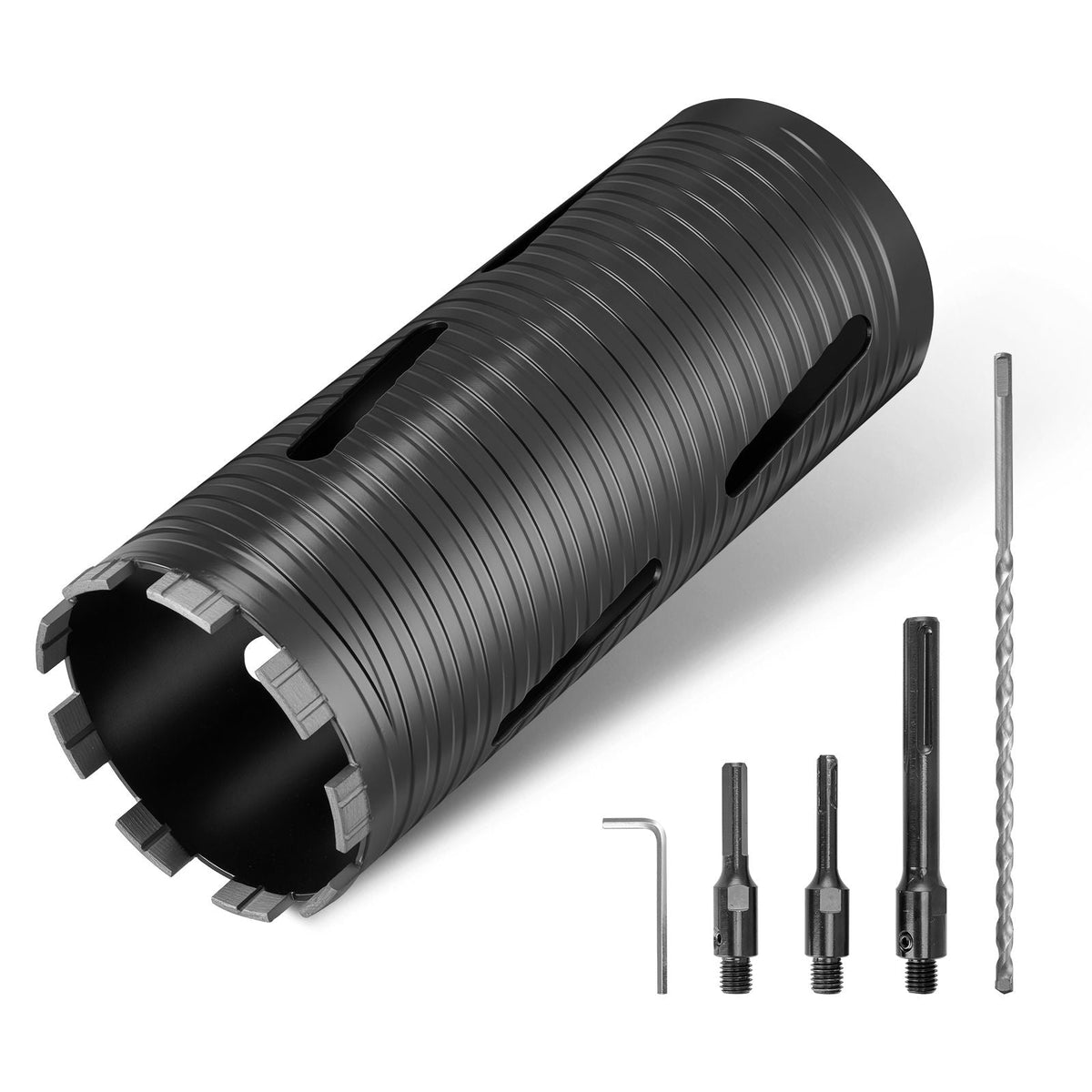 Core Drill Bit, 4 inch Diameter, 9-1/2 inch Drilling Depth, 5/8-11 Internal Thread, Diamond Dry Coring Bit with 3 Adapters, Pilot Drill and Hex Wrench, for Concrete, Red Bricks, and Masonry