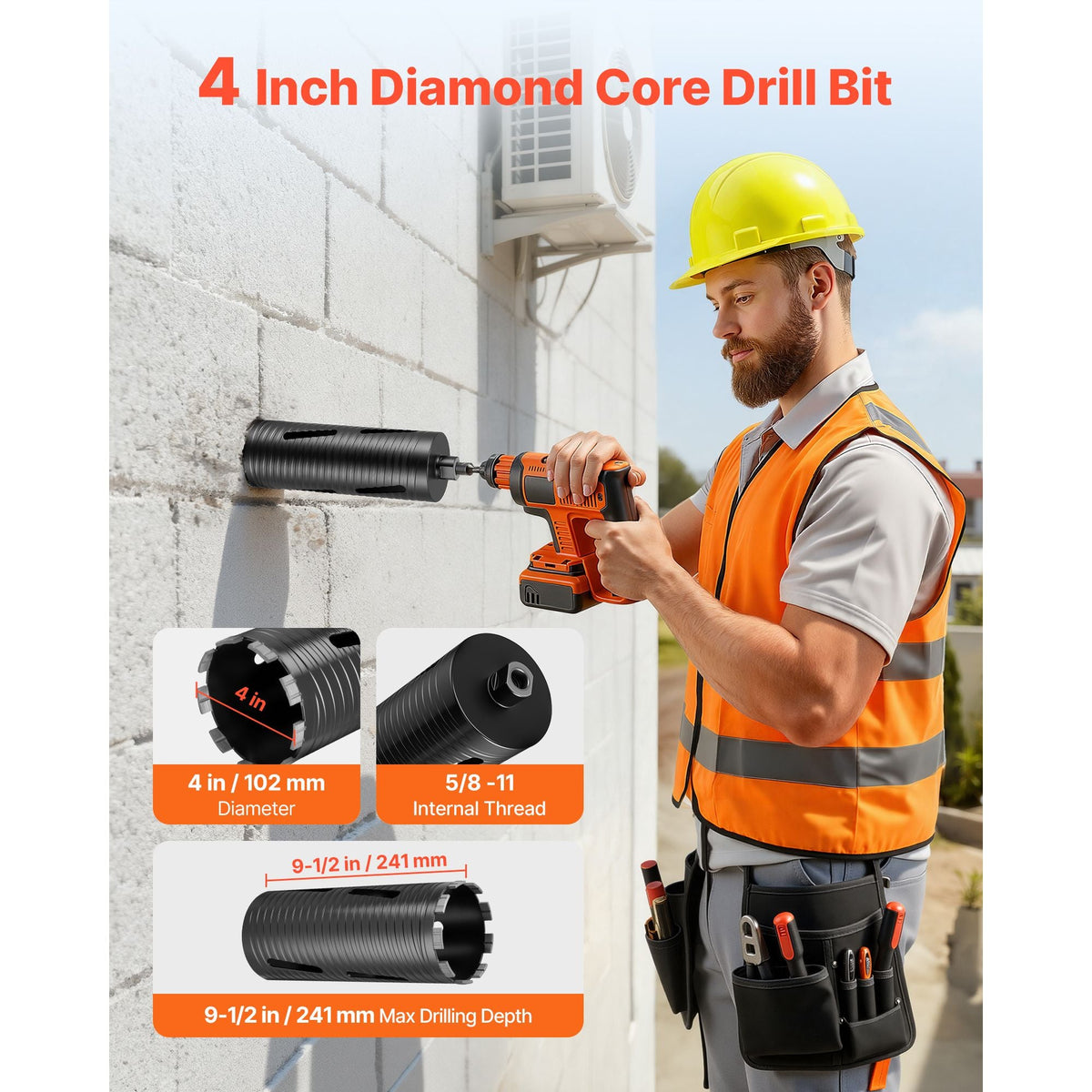 Core Drill Bit, 4 inch Diameter, 9-1/2 inch Drilling Depth, 5/8-11 Internal Thread, Diamond Dry Coring Bit with 3 Adapters, Pilot Drill and Hex Wrench, for Concrete, Red Bricks, and Masonry