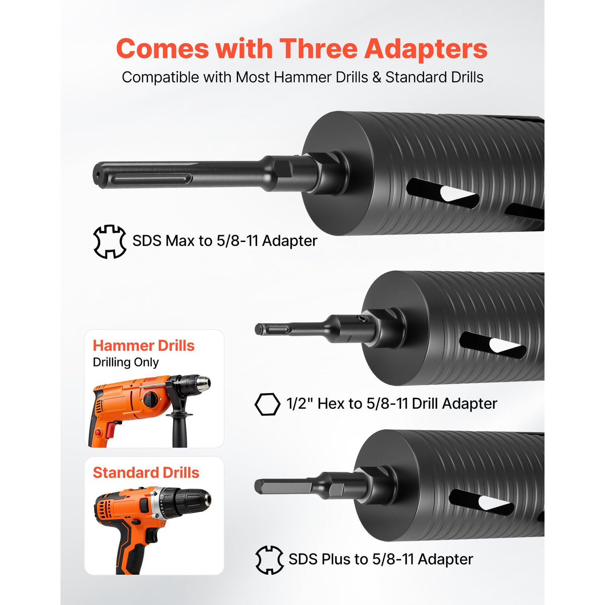 Core Drill Bit, 4 inch Diameter, 9-1/2 inch Drilling Depth, 5/8-11 Internal Thread, Diamond Dry Coring Bit with 3 Adapters, Pilot Drill and Hex Wrench, for Concrete, Red Bricks, and Masonry