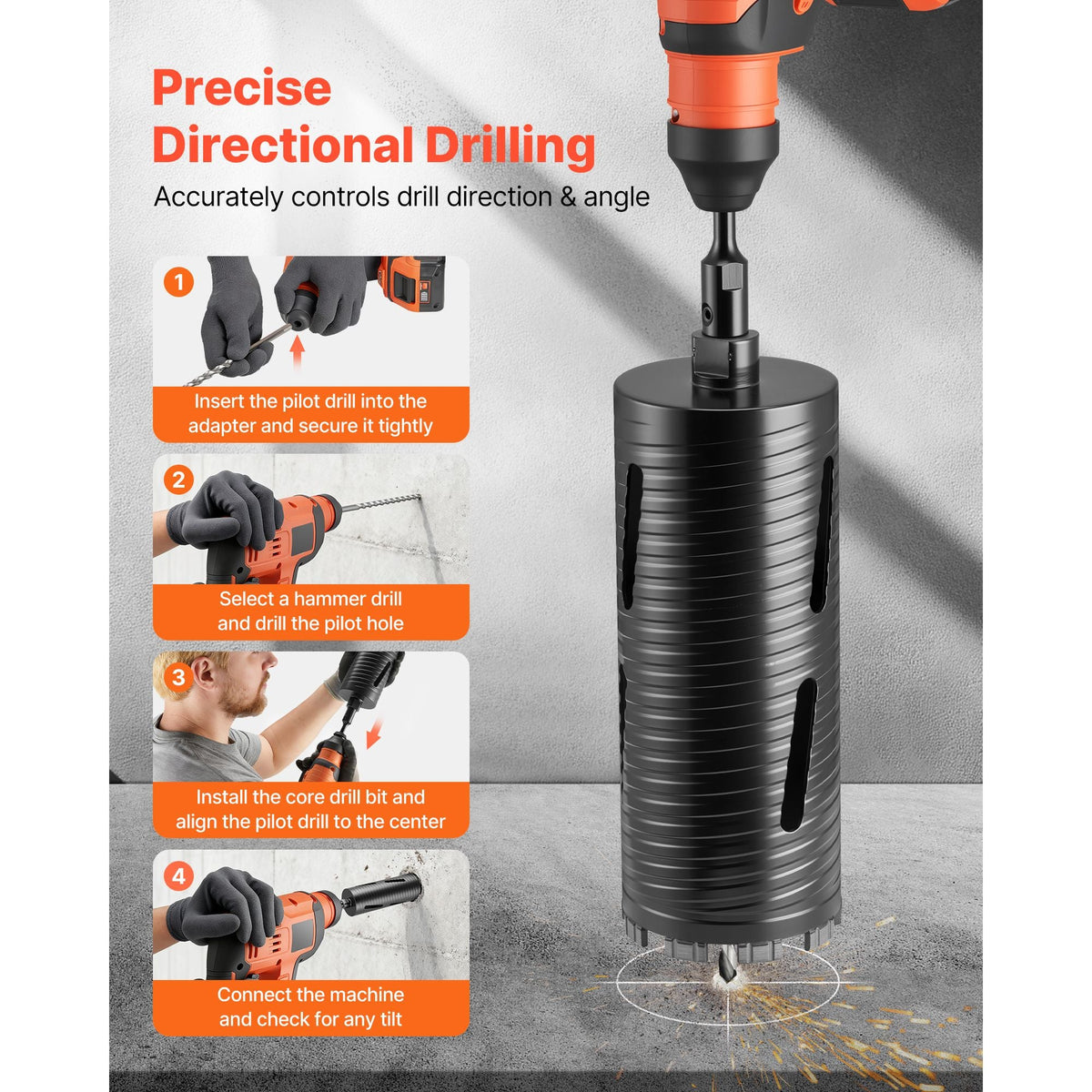 Core Drill Bit, 4 inch Diameter, 9-1/2 inch Drilling Depth, 5/8-11 Internal Thread, Diamond Dry Coring Bit with 3 Adapters, Pilot Drill and Hex Wrench, for Concrete, Red Bricks, and Masonry